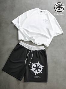 Manfinity Roghcode Men's Streetwear T-Shirt Set,Black And White Cross-Stitch Contrast Color Summer Casual Outfit,City Break Street Style,Gift For Him,Anniversary - Black and White - View 2