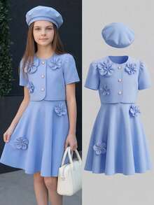 SHEIN 3件組青少年女孩淺藍色夏季婚禮禮服套裝，短袖短版開襟衫、無袖A字裙與貝雷帽，3D花朵裝飾，優雅 - 藍色 - 查看 5