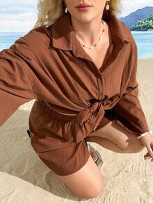 Hourglow Plus Size Women's Solid Color Drop Shoulder Single-Breasted Shirt And Shorts Casual Loose 2 Pieces Set, Summer Outfits, For Hourglass Body Shape - Red - View 5