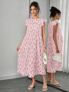 Momance Đầm cho bà bầu in hoa toàn thân, cổ tròn, tay ngắn, cho con bú - Màu Hồng baby - Xem 5