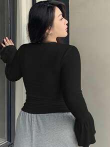 Dazy Plus Partial Zip-Up Elastic Fitted Solid Color Versatile Long Sleeve Black T-Shirt, Spring/Summer/Autumn - Black - View 4
