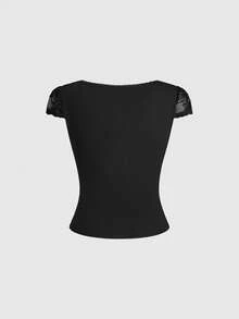 Grunge Punk Women's Sexy Black V-Neck Contrast Lace Slim Fit T-Shirt - Black - View 2