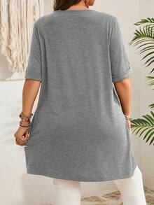 EMERY ROSE Plus Size Women's Grey Sommar Smart Casual Vacation T-Shirt,Solid Color Short Sleeve Tunic Length Tops,Boho Modest Blouse,Daily Wear Gifts For Mother - Dark Grey - View 2