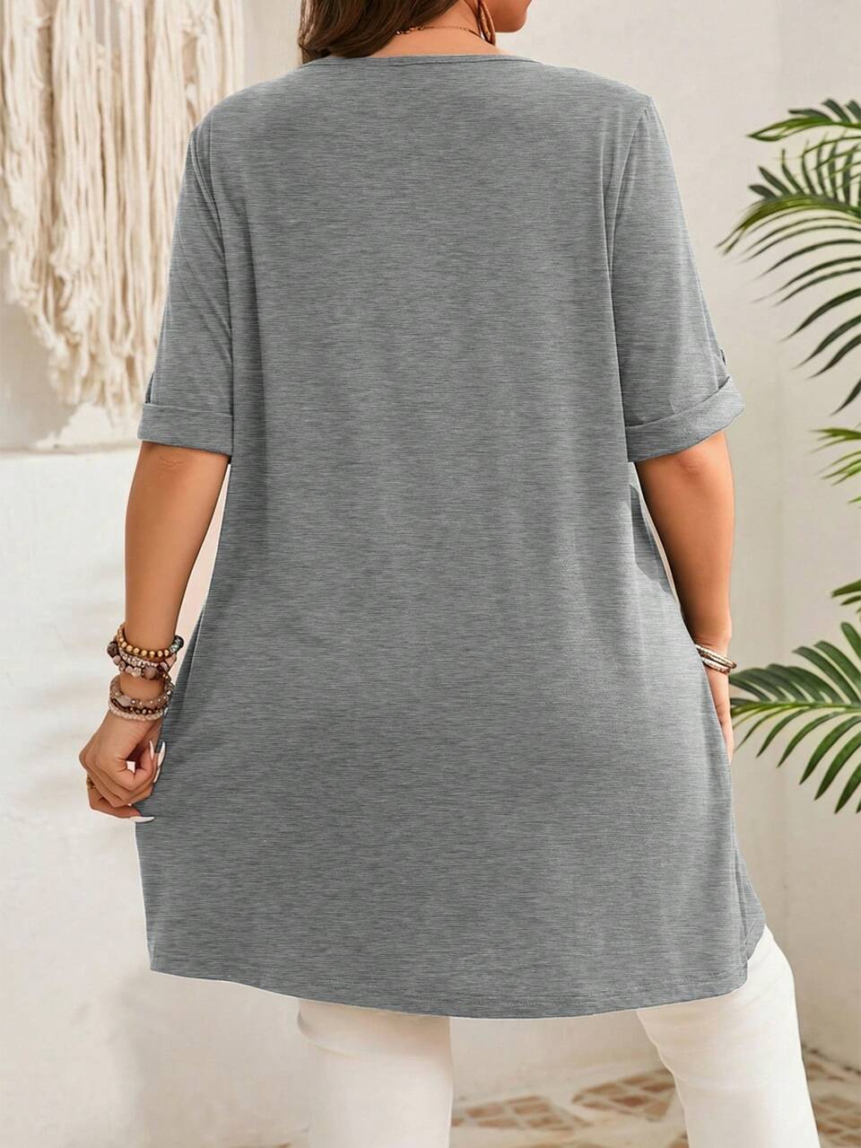 Plus Size Women's Grey Sommar Smart Casual Vacation T-Shirt,Solid Color Short Sleeve Tunic Length Tops,Boho Modest Blouse,Daily Wear Gifts For Mother