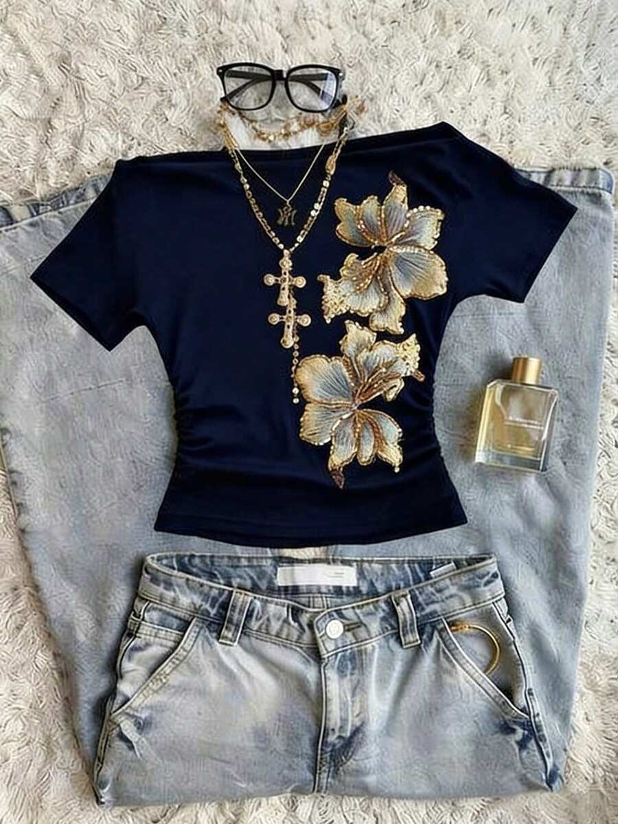 Glimmora Women's Summer Embroidered Floral Off-Shoulder Short Sleeve Slimming T-Shirt - Navy Blue - View 1