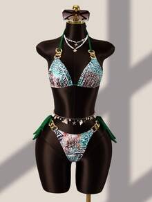 Zestiva 女士三件套泳衣：花卉豹纹链条吊带露背迷你连衣裙，性感沙滩度假装 - 彩色 - 查看 3