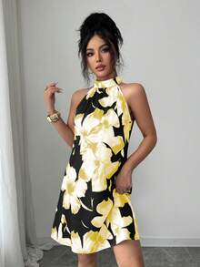 SHEIN Elenzya 新款春夏大碎花无袖连衣裙，优雅休闲度假沙滩装，女士 - 黑色 - 查看 3