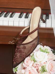 CUCCOO HITCHD Women Shoes Spring And Autumn New Elegant Temperament Mesh Embroidery Beaded Pointed Heel Medium Heel Retro Style Solid Color Women's High Heel Shoes Daily Commuting Dating Banquet Versatile Women's Shoes - Brown B - View 6