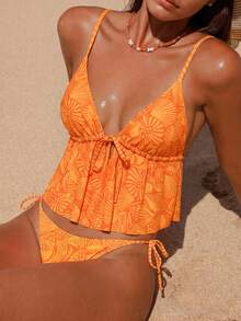 Swim Mod Conjunto de tankini de verano para vacaciones en la playa con estampado de conchas naranjas energéticas, tirantes finos, nudo delantero, efecto aplanador del abdomen y nudo lateral en forma de triángulo - Multicolor - Ver 1