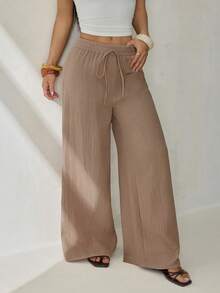 SHEIN PETITE Women's Plain Trousers, Fashionable For Summer Winter Brown Casual Spring - Khaki - View 7