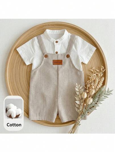 Loomiva Bộ đồ 2 món cho bé trai: áo cardigan tay ngắn cổ tàu màu trơn, đa năng, thoải mái và quần yếm.