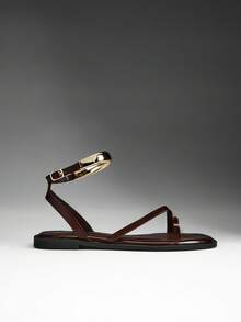 SHUZIA 女士方形镀金踝带环趾亮面巧克力色PU人字拖凉鞋|圣诞节沙滩夜店百搭单品 - 巧克力棕 - 查看 8