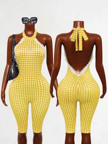 Mistrie Bộ áo liền quần hở lưng kẻ caro dành cho nữ - Vàng nhạt - Xem 6