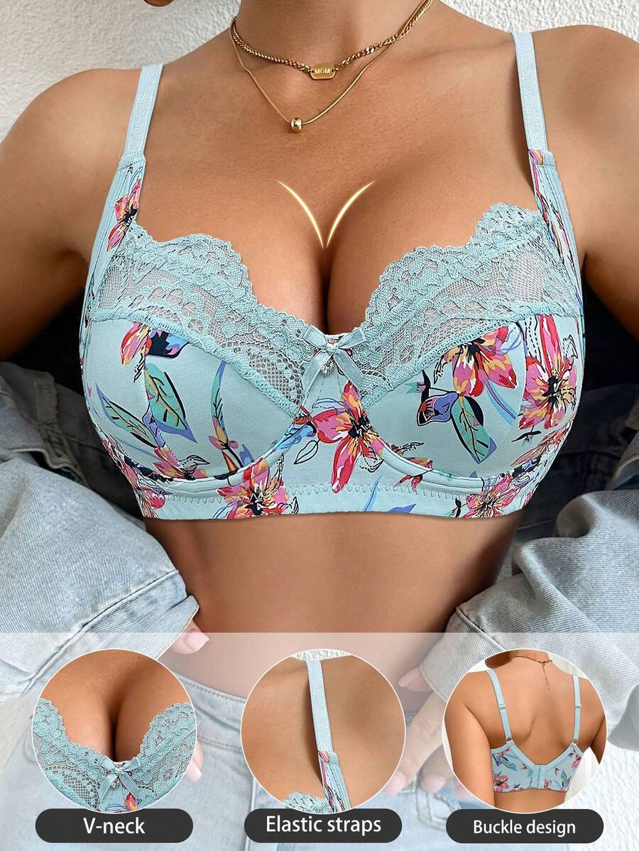 DesireSculpt 1pc Lace Patchwork Wireless Bra For Women - Multicolor - View 1
