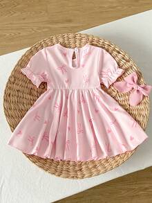 SHEIN Playful Pals 新生女宝宝春夏米色短袖连衣裙，公主袖，喇叭下摆，纹理面料，优雅宝宝连衣裙穿搭 - 淺粉色 - 查看 2