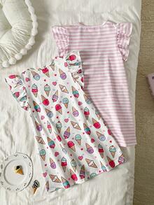 SHEIN 2-Piece Girls Toddler White,Summer,Fairy,Family Matching Pink Striped Multicolor Cartoon Ice Cream Heart Print Pajamas Sleepwear Loungewear Set - Baby Pink - View 3