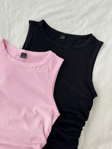 Tseoso 2pcs/Set Women's Black & Pink Round Neck Tight Fit Camisole,Summer Top - Multicolor - View 5