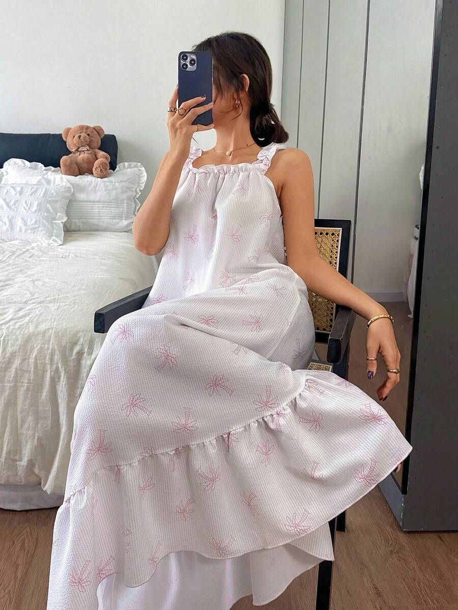 Áo ngủ nữ mềm mại, thân thiện với da, họa tiết cây dừa sọc hồng. - Màu Hồng baby - Xem 1