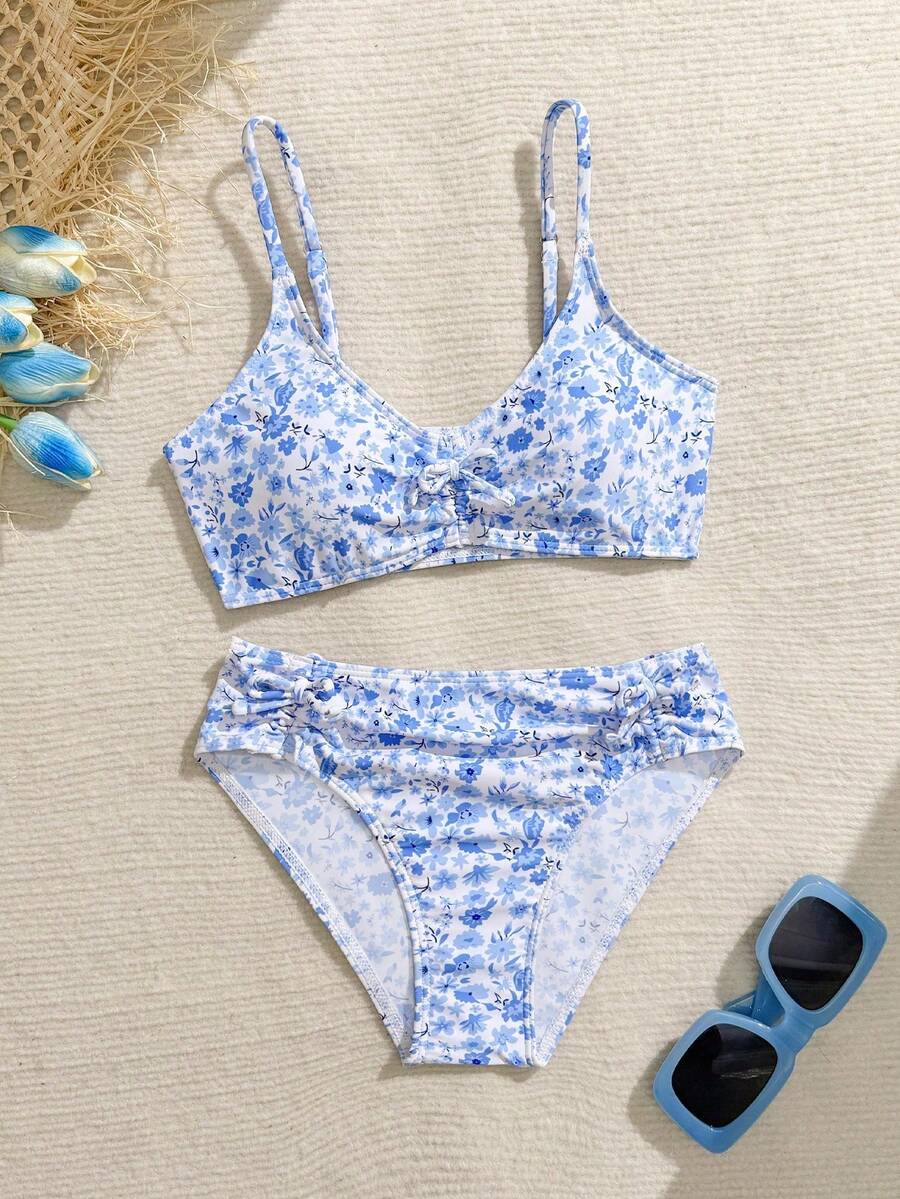 SHEIN Tween Girls Ditsy Floral Bikini Set,Blue White Modest 2-Piece Swimwear With Tie,Full Coverage High Waist Swimwear Set,Summer Tropical Beach Holiday - Baby Blue - View 1