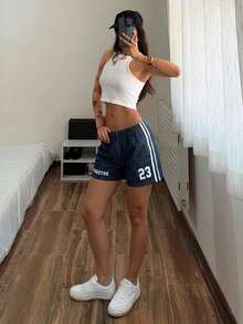 SHEIN Quần short denim nữ in họa tiết, cạp cao, ống rộng, thích hợp cho mùa hè. - Màu xanh lam - Xem 3