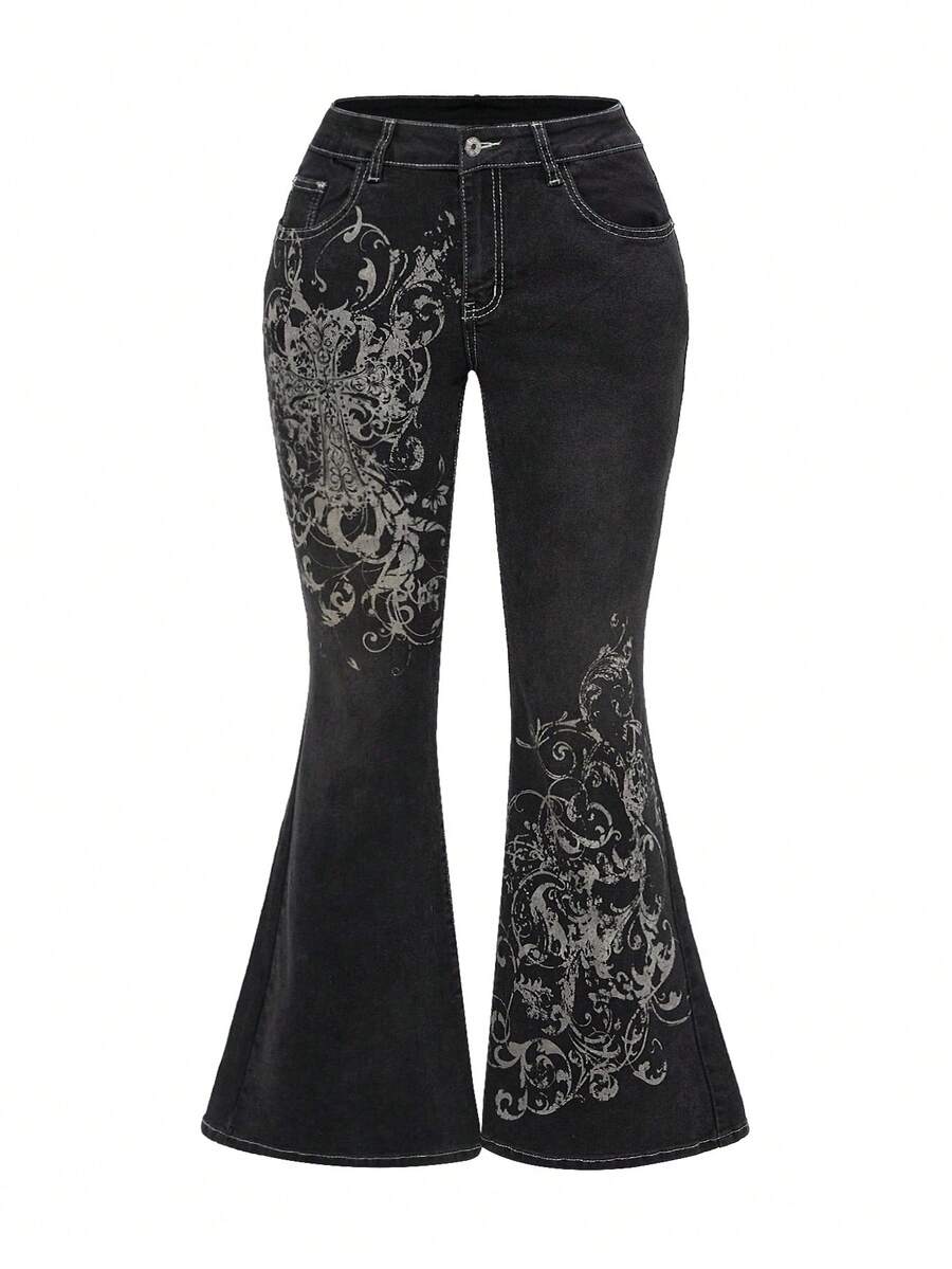 ROMWE Grunge Punk 女士复古做旧十字架藤蔓印花性感喇叭牛仔裤 - 黑色 - 查看 1