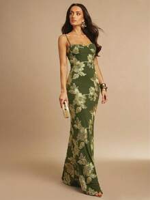 Fitted Strappy Dress With 3D Floral Print - Army Green - View 4