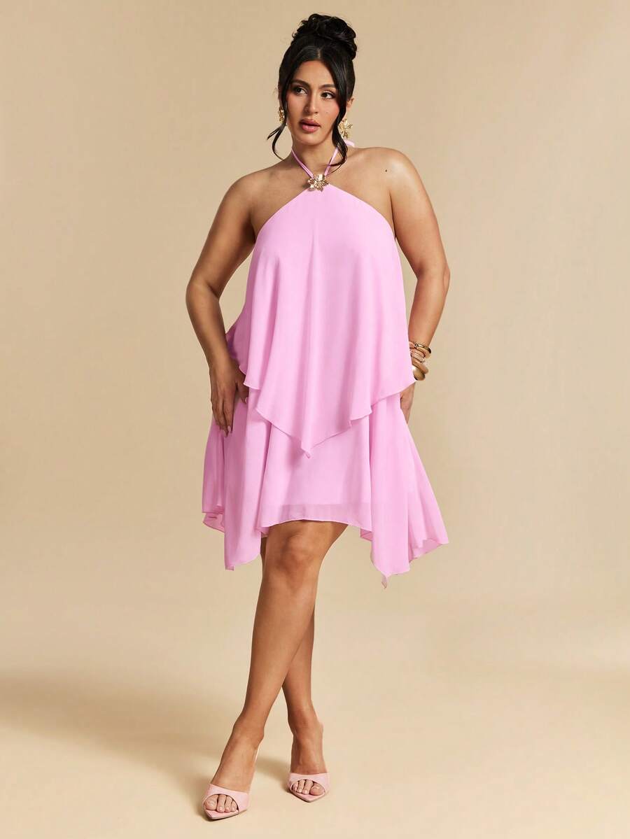 SHEIN BAE Plus Size Women's Summer Elegant Boho Western Wedding Cocktail Vacation Guest Lilac Halter Neck Metal Buckle Decor Double Layer Ruffle Mini Dress - Pink - View 1