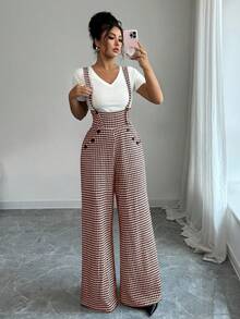 Elenzga Women's Fashion Commuter Houndstooth Strap Wide Leg Jumpsuit - Coffee Brown - View 4