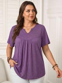 Rosumi Kaos Lengan Pendek Kerah Berlekuk Warna Polos Kasual Musim Panas Ukuran Besar - Purple - View 2