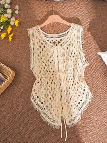 SHEIN Cosyjoi 大码休闲花卉镂空钩针开衫针织上衣 - 杏色 - 查看 4