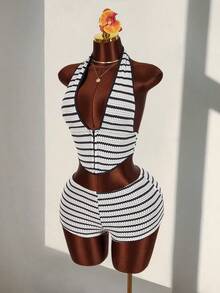 Amplova Textured Striped Halter Neck Backless Deep V-Neck Sleeveless Bodycon Shorts Two Pieces Casual Vacation Outfit - Black and White - View 2
