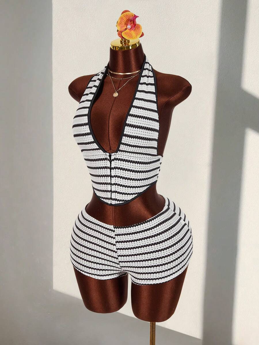 Amplova Textured Striped Halter Neck Backless Deep V-Neck Sleeveless Bodycon Shorts Two Pieces Casual Vacation Outfit