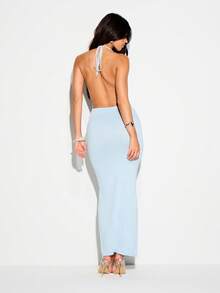 KIZN Halter Neck Cowl Front Long Bodycon Maxi Sweater Dress Light Blue Backless Party Evening Wear - Blue - View 3