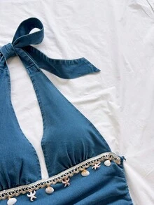 SHEIN WYWH 女士度假风海星饰边褶皱露背吊带衫 - 藍色 - 查看 6
