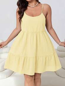 Solflare Gaun Camisole Tanpa Punggung dengan Hem Berkerut Warna Polos untuk Wanita Ukuran Plus, Musim Semi/Panas - Angsa kuning - View 3