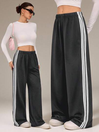 SHEIN Tall Quần nỉ nữ ống rộng màu đen dệt kim kiểu dáng thường ngày