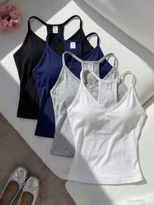 SHEIN 4pcs/Set Fitted V-Neck Camisole Tops, Versatile All-Match Undershirts For Teens, Suitable For All Seasons - Multicolor - View 7