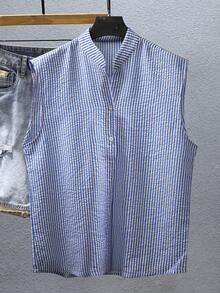 SHEIN Men's Striped Single-Breasted Casual Cap Sleeve Shirt - Multicolor - View 5