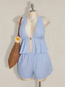 SHEIN ICON Plus Size Women's Blue And White Striped Summer Set,Deep V-Neck Top & Loose Shorts,Y2K Retro Beach Vacation Holiday,Metallic Starfish Decoration - Blue and White - View 4
