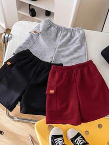 SHEIN 3pcs Young Boys' Casual Comfortable Pocket Decor Knit Shorts Set - Red - View 3