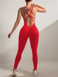 Easithlete Easithlete 适合中国新年的女士性感纯色交叉露背紧身连体裤 - 紅色 - 查看 5