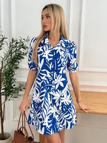 Easowa Spring/Summer Shirt-Style Blue & White Printed Mini Dress, Puff Sleeve, Suitable For Casual Daily, Commuting And Vacation Wear - Multicolor - View 1