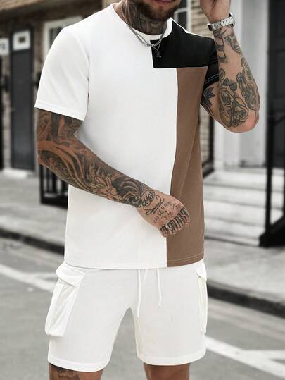 Manfinity CasualCool Bộ đồ nam thường ngày gồm áo thun ngắn tay cổ tròn phối màu tương phản và quần short.