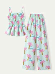 SHEIN Casuvi Kids 女童条纹蝴蝶结吊带背心和直筒裤夏季度假装 - 彩色 - 查看 1