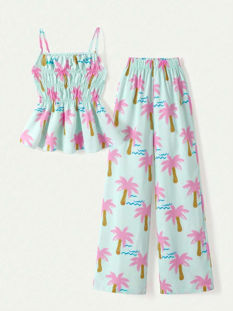 SHEIN Casuvi Kids 女童条纹蝴蝶结吊带背心和直筒裤夏季度假装 - 彩色 - 查看 1