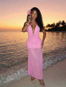 Slaydiva Women's Elegant Soft Pink High-Slit Backless Long Dress,Summer Casual Beach Holiday Vacation Holiday Wedding Guest,Cottagecore Puffed Sleeve Vintage - Pink - View 7