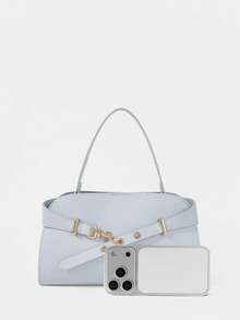 SHECARRY Bolso de mano para damas, elegante y exquisito para vacaciones, trabajo y viajes, de gran capacidad, con correa de hombro ajustable y detalles metálicos - Azul claro - Ver 4