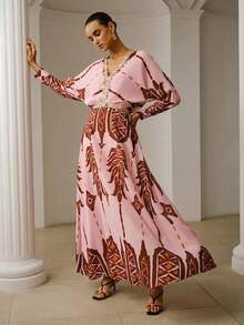 ZEYLAH Vestido de mujer con estampado geométrico y mangas tipo murciélago - Rosa vieja - Ver 2