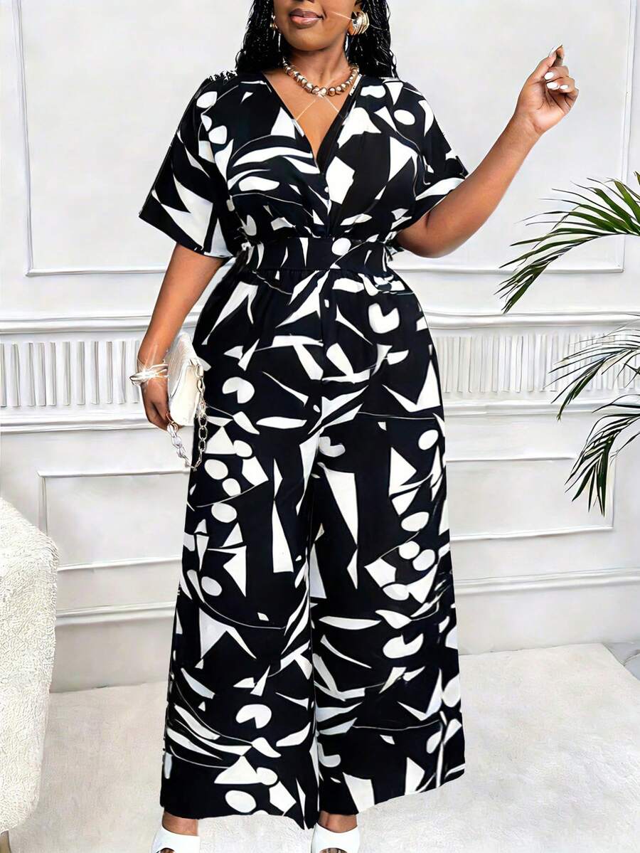 Maweii Bộ jumpsuit ống rộng in họa tiết toàn thân cổ chữ V tay cánh dơi, eo thon, phong cách nghỉ dưỡng thời trang và thanh lịch dành cho nữ cỡ lớn. - Đen và trắng - Xem 1