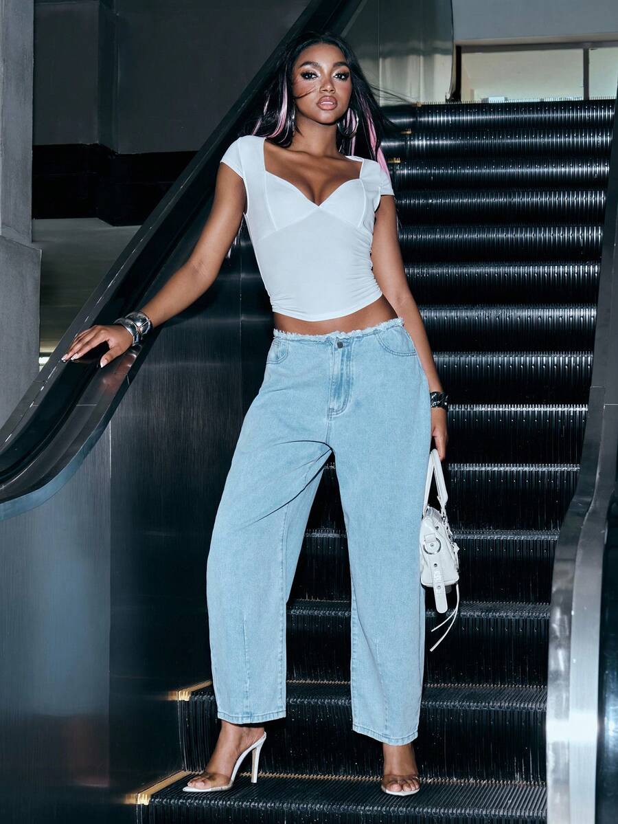 Denimoi 低腰毛边筒形牛仔裤，毛边腰部筒形裤腿牛仔裤，时尚牛仔布